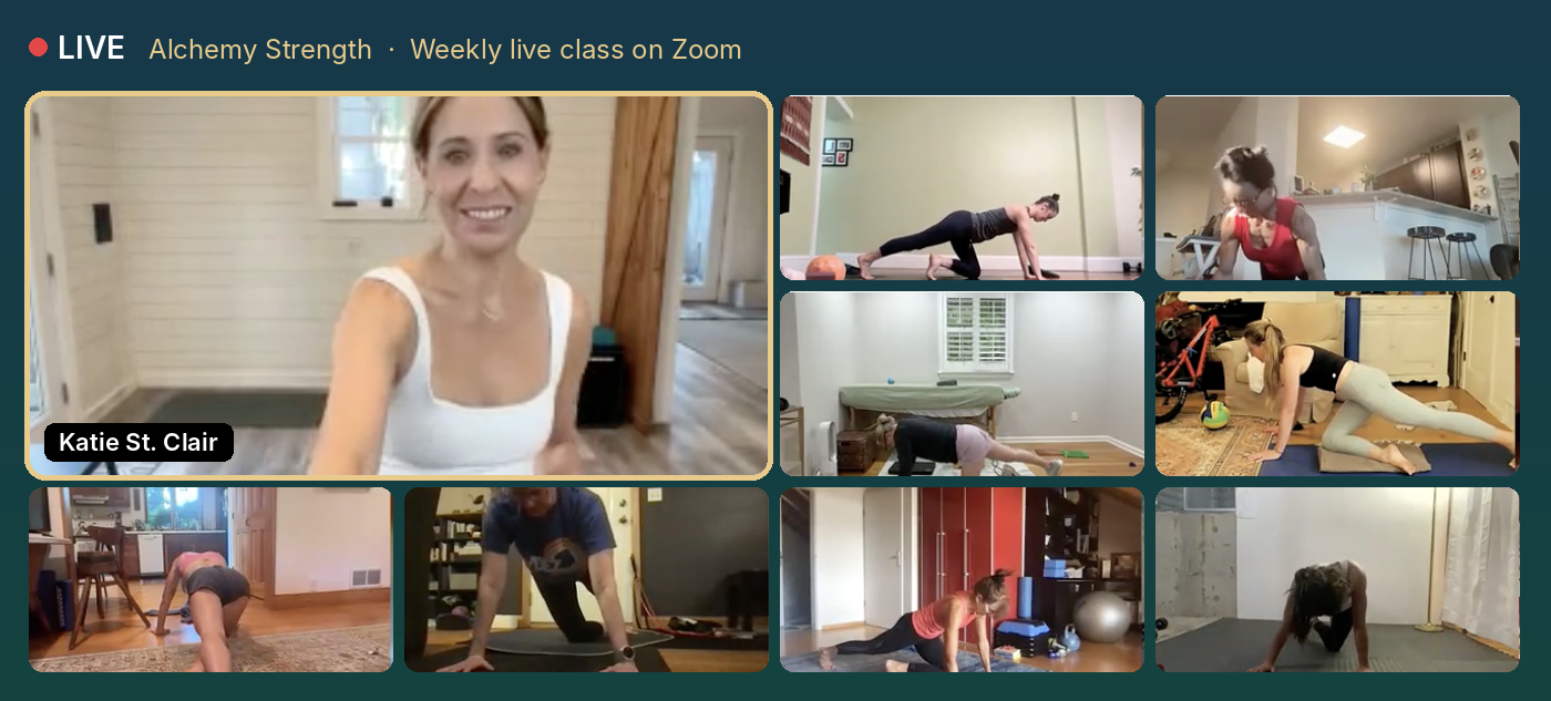 Alchemy Strength live class on Zoom with Katie St. Clair and members exercising