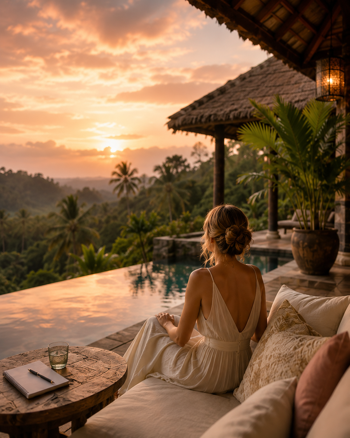 Woman overlooking a tropical pool in Bali