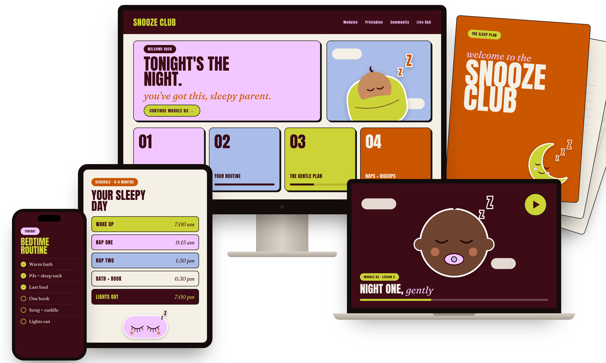 Snooze Club course portal, lesson video, nap schedule, bedtime checklist and printables on desktop, laptop, tablet and phone