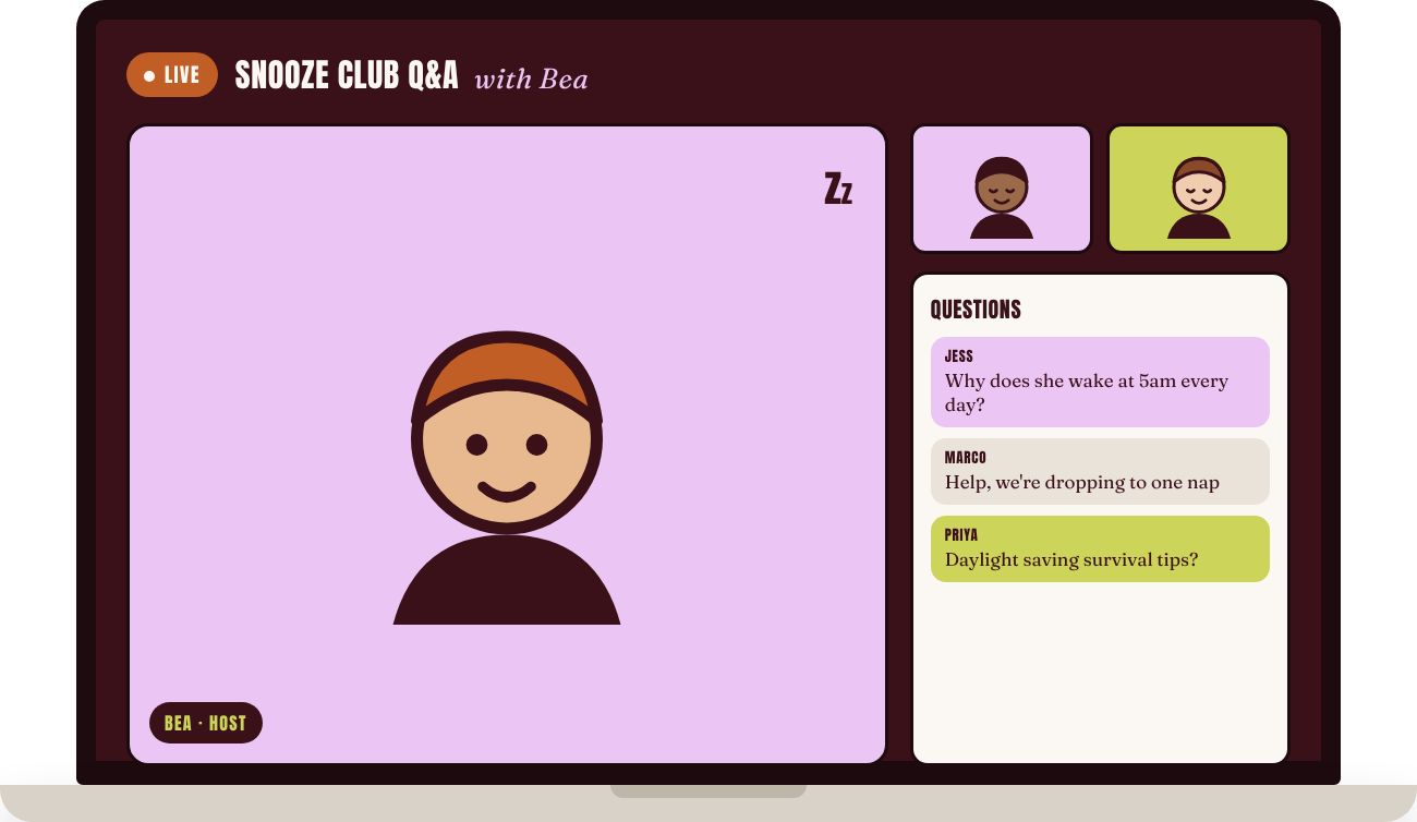 Snooze Club live Q&A call with Bea on a laptop