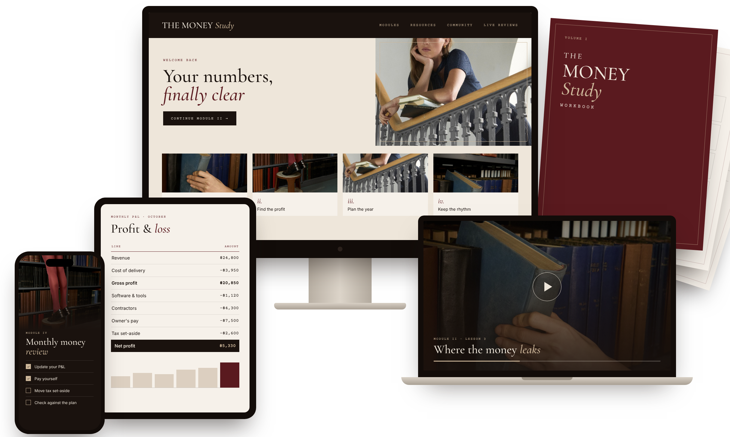 The Money Study course portal, lessons, P&L template and workbook shown on desktop, laptop, tablet and phone
