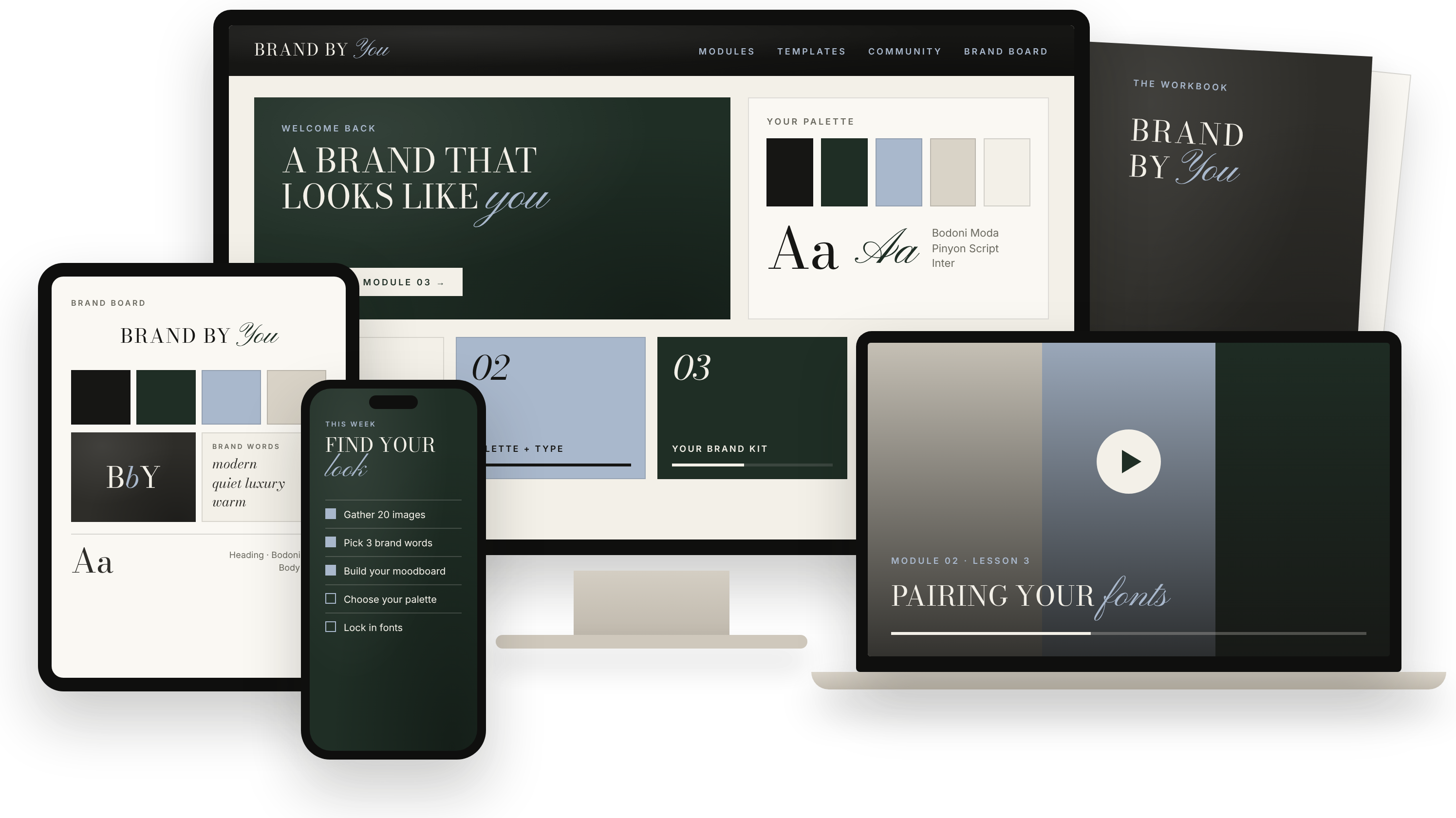 Brand by You course portal, lesson video, brand board, weekly checklist and workbook on desktop, laptop, tablet and phone
