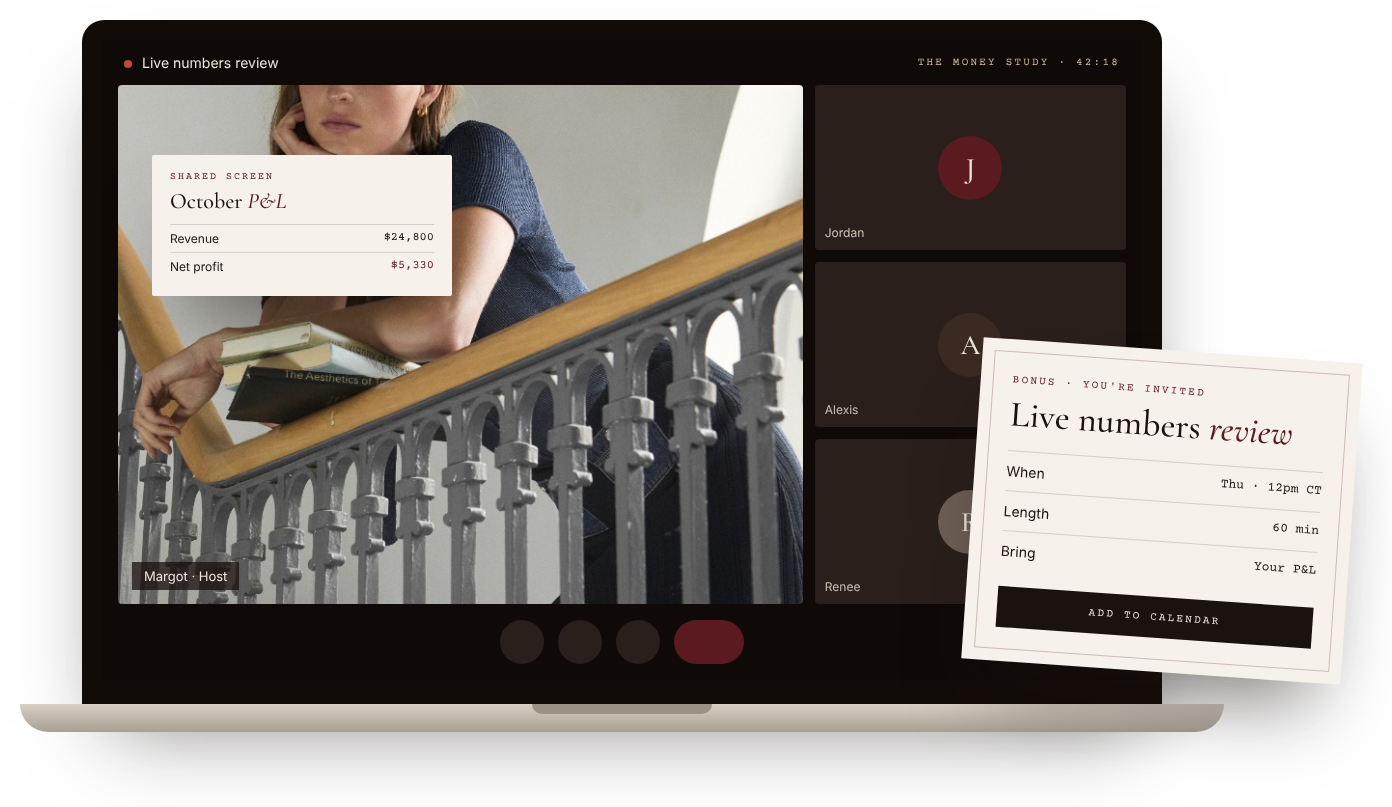 Live numbers review video call on a laptop with a calendar invite