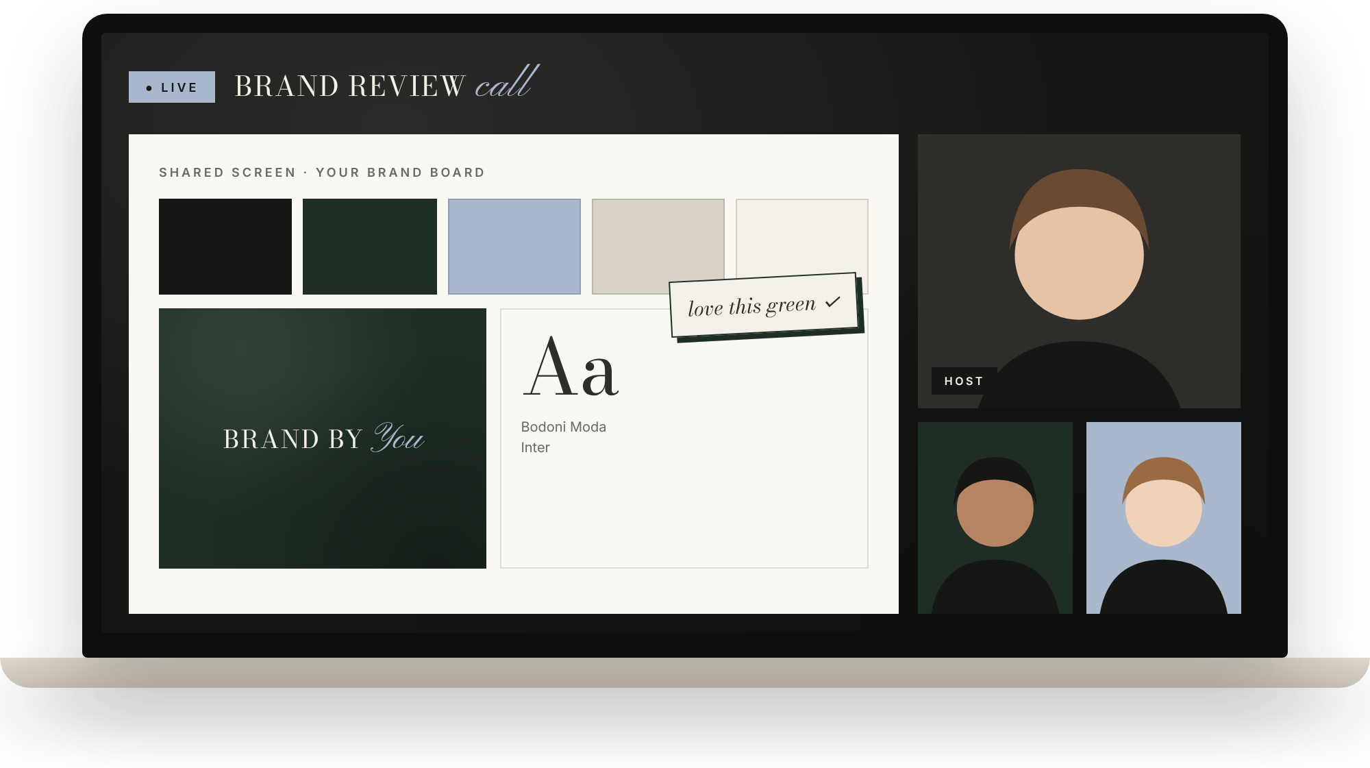 Live brand review call on a laptop with a shared brand board