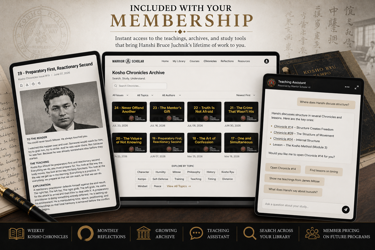 EXPERIENCE COLLAGE PLACEHOLDER: a three-image collage showing an open Chronicle issue, the Teaching Assistant answering a study question, and the member dashboard showing the Chronicle Archive.