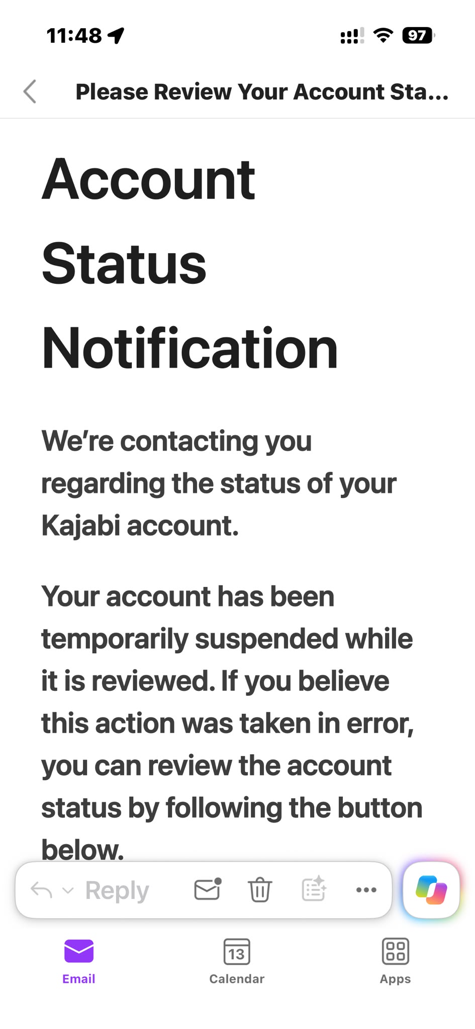 Tekst van de Kajabi phishing-mail over een tijdelijk opgeschort account