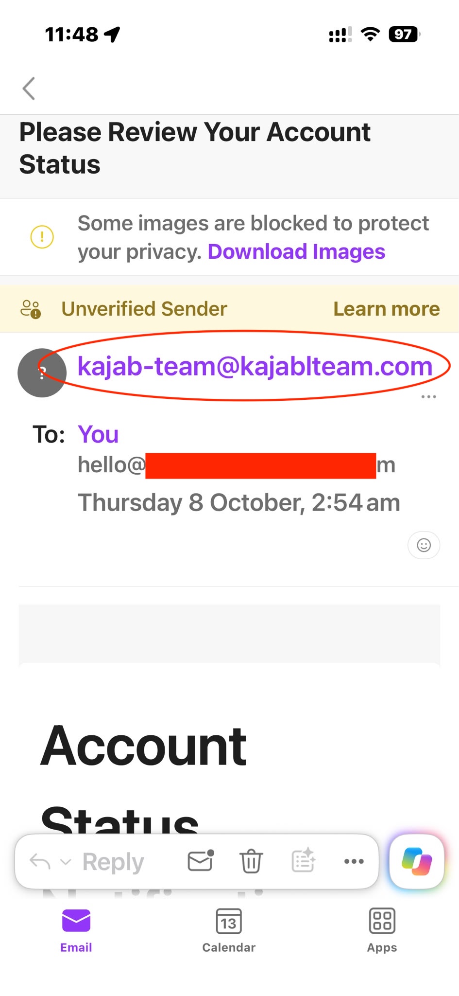 Kajabi phishing-mail van de nep-afzender kajab-team@kajablteam.com
