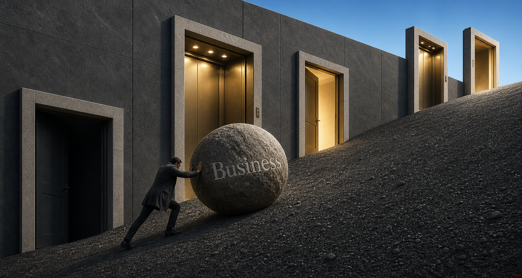 Business owner pushing a business boulder uphill past overlooked opportunities
