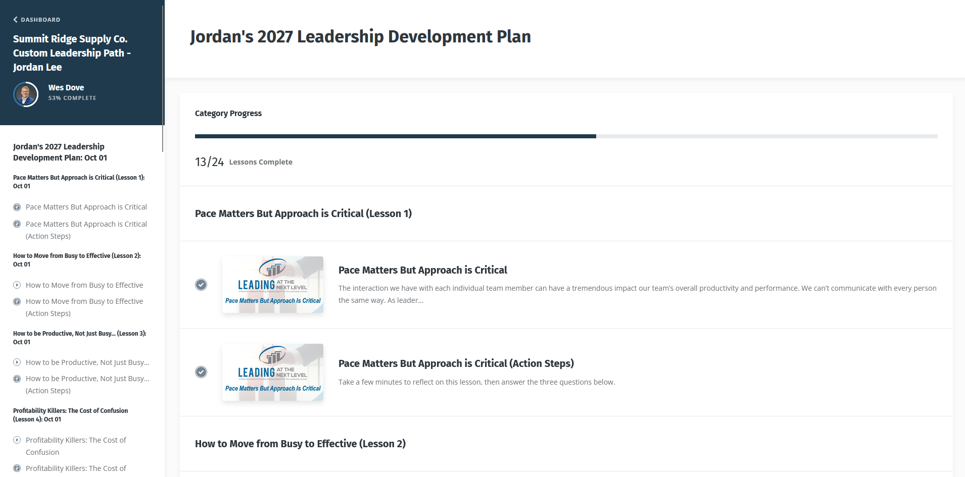 Lesson list with progress bar showing 13 of 24 complete (sample)