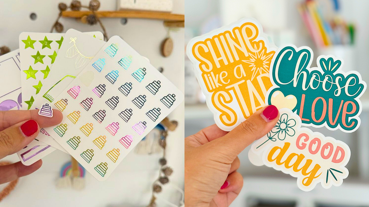 Mini foil sticker sheets and individual motivational quote sticker showing difference between kiss cut and die cut stickers