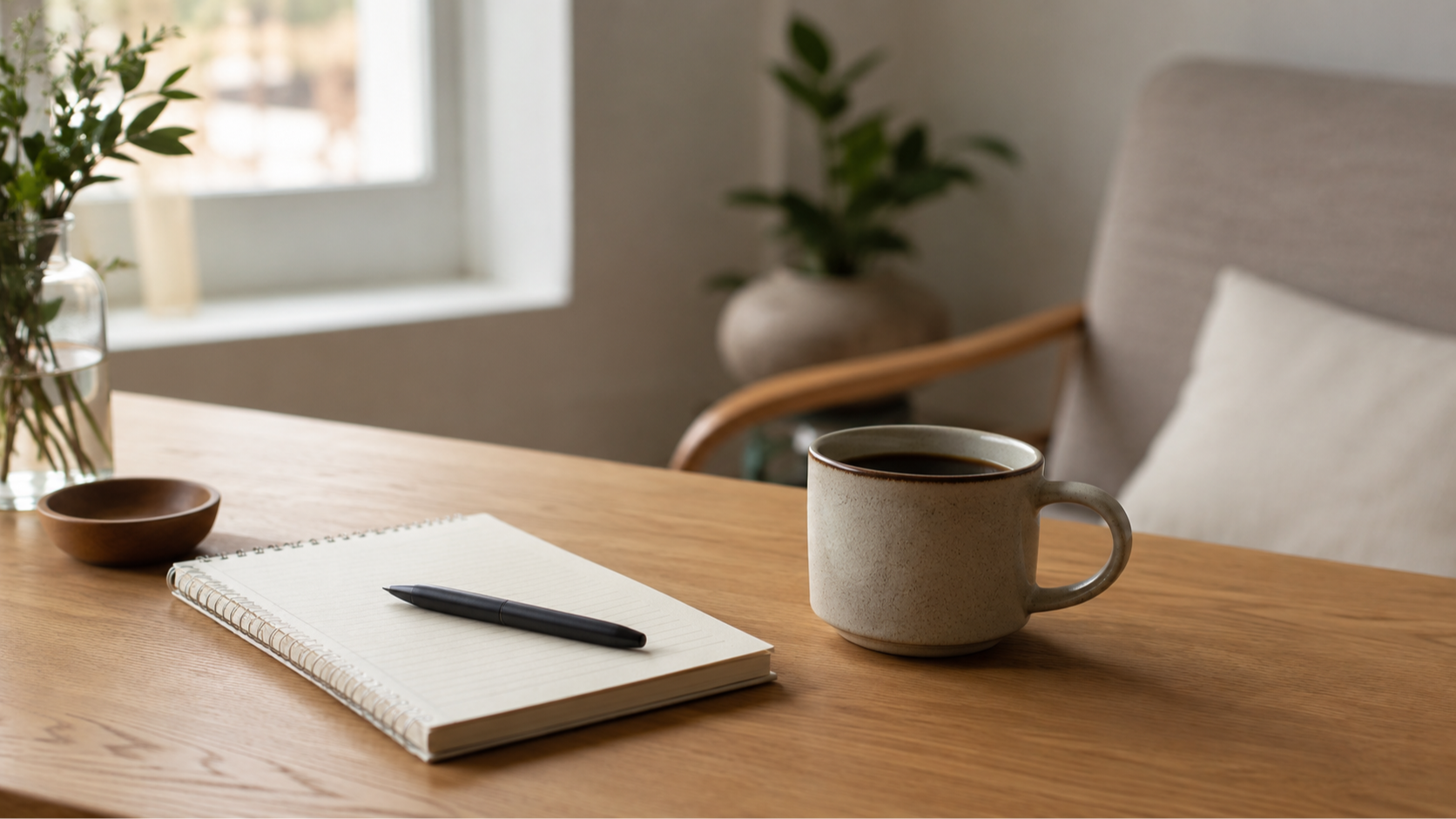 Rolig skrivebord med notatbok og kaffekopp, symbol på refleksjon i coaching