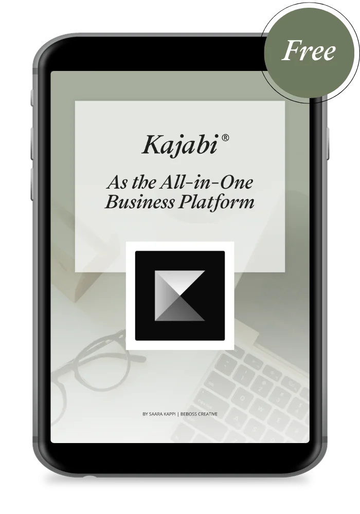kajabi as the all-in-one business platform -training on an ipad screen with a round 'free' symbol on top right corner