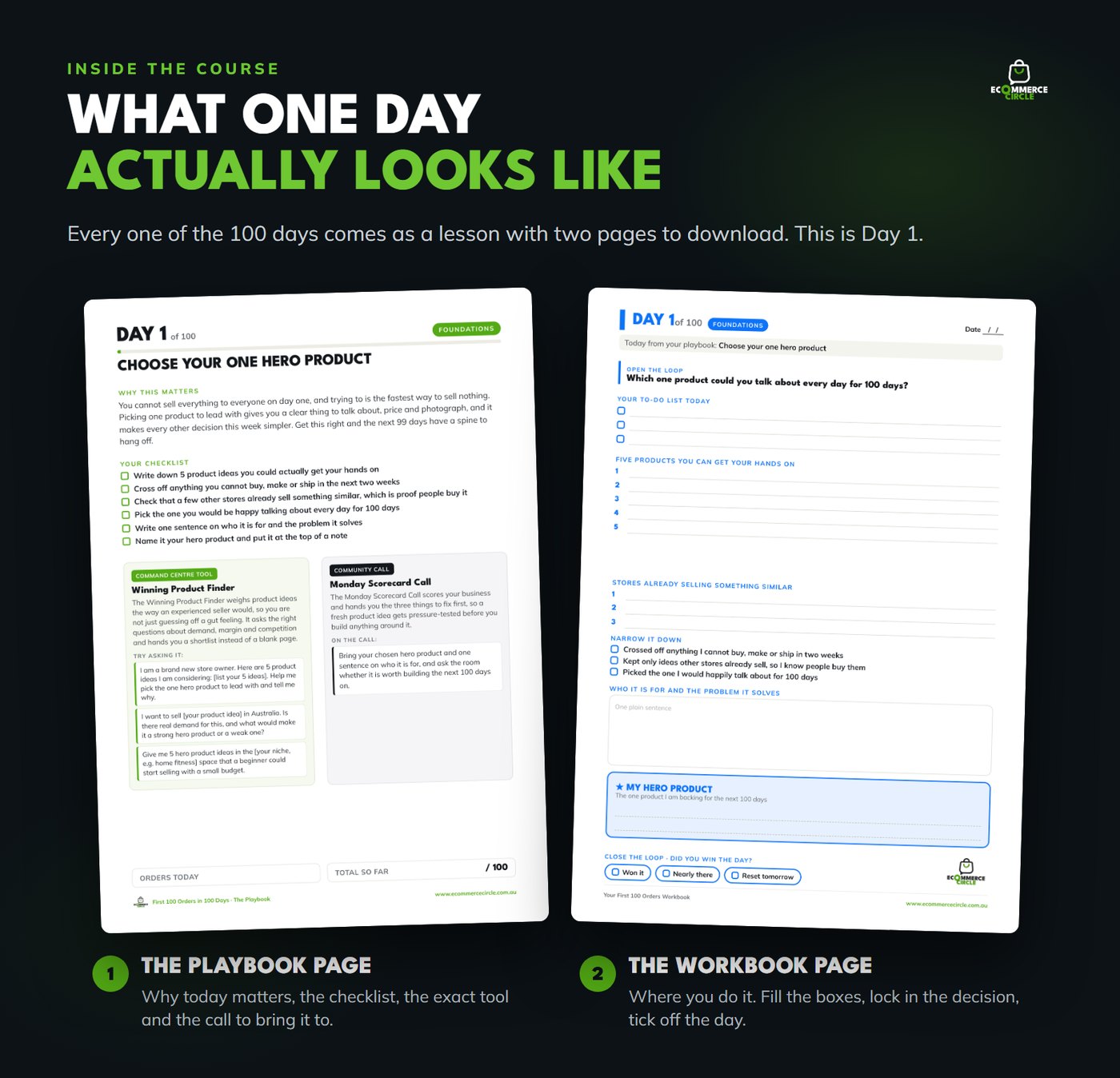 What one day looks like: the Day 1 playbook page and workbook page