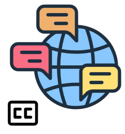 globe with multilingual speech bubbles and closed caption icon