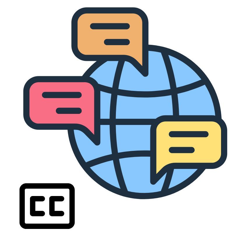 globe with multilingual speech bubbles and closed caption icon