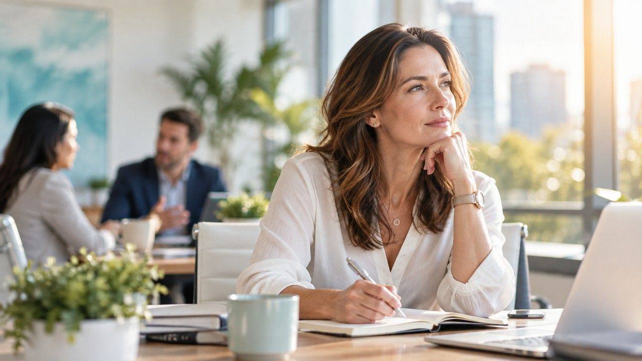Thoughtful professional reflecting on leadership decisions in a modern workplace
