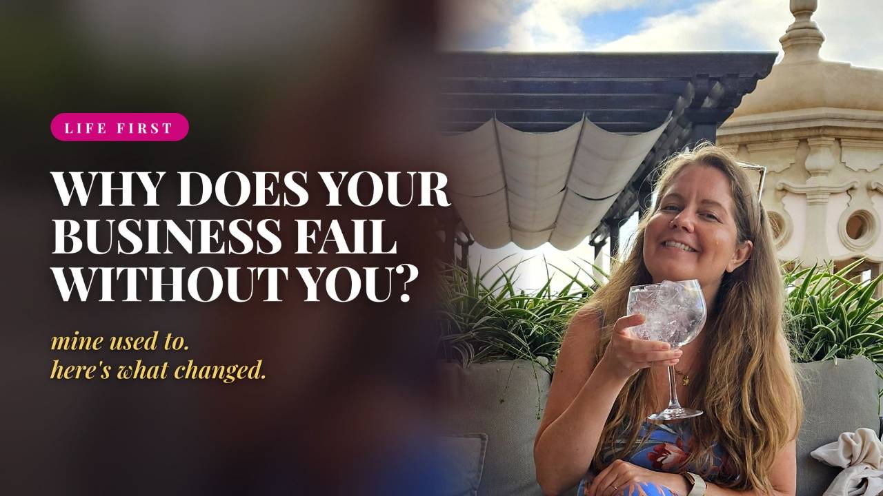 Eszter Godor smiling with a drink on a sunny terrace, next to the headline “Why does your business fail without you?”