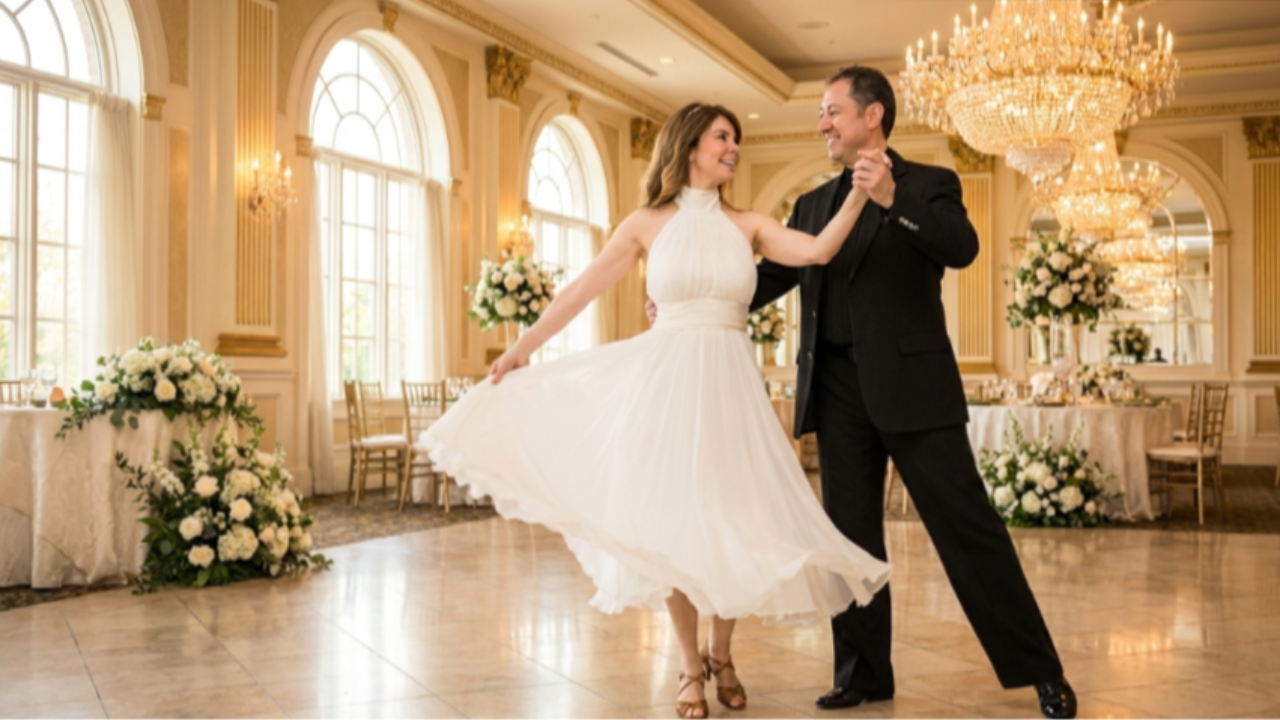 Newlywed couple enjoying their First Dance at an elegant wedding reception.