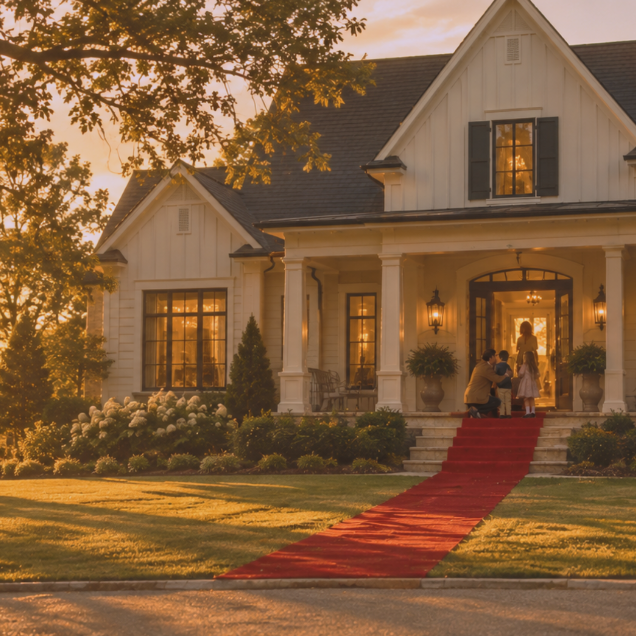 A red carpet leading up the porch steps to the open front door of a family home