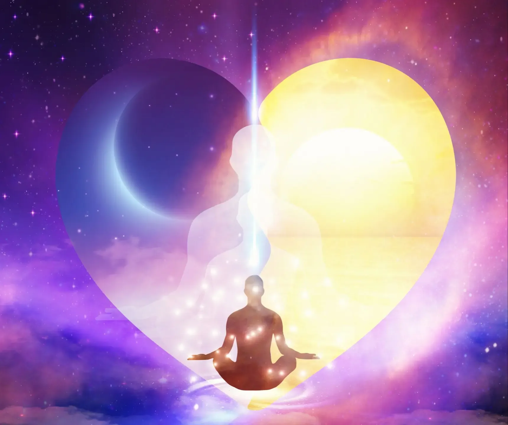 meditating person lotus position heart-shaped moon and sun energy healing energy healer