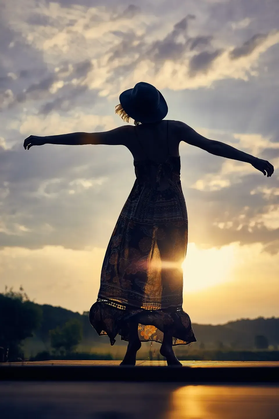woman in hat with arms outstretched watching sunrise energy healing energy healer quantum healing