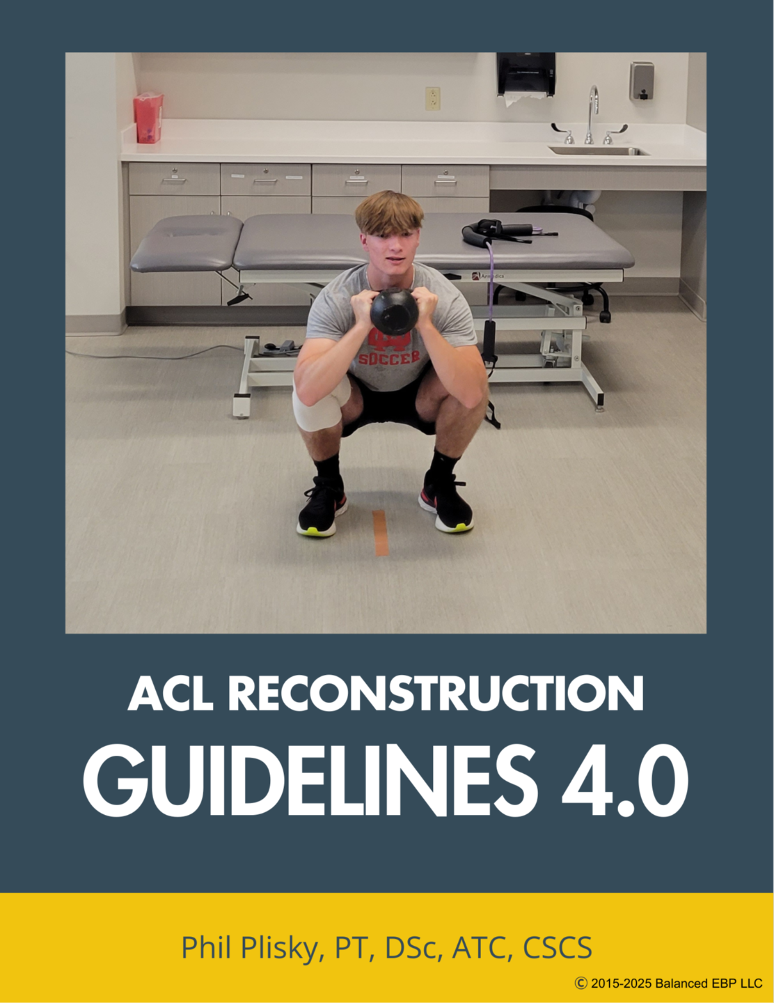Cover of the “ACL Reconstruction Guidelines” by Phil Plisky, featuring a bold upward arrow on a black grid background with text emphasizing safe return to activity and athlete durability.