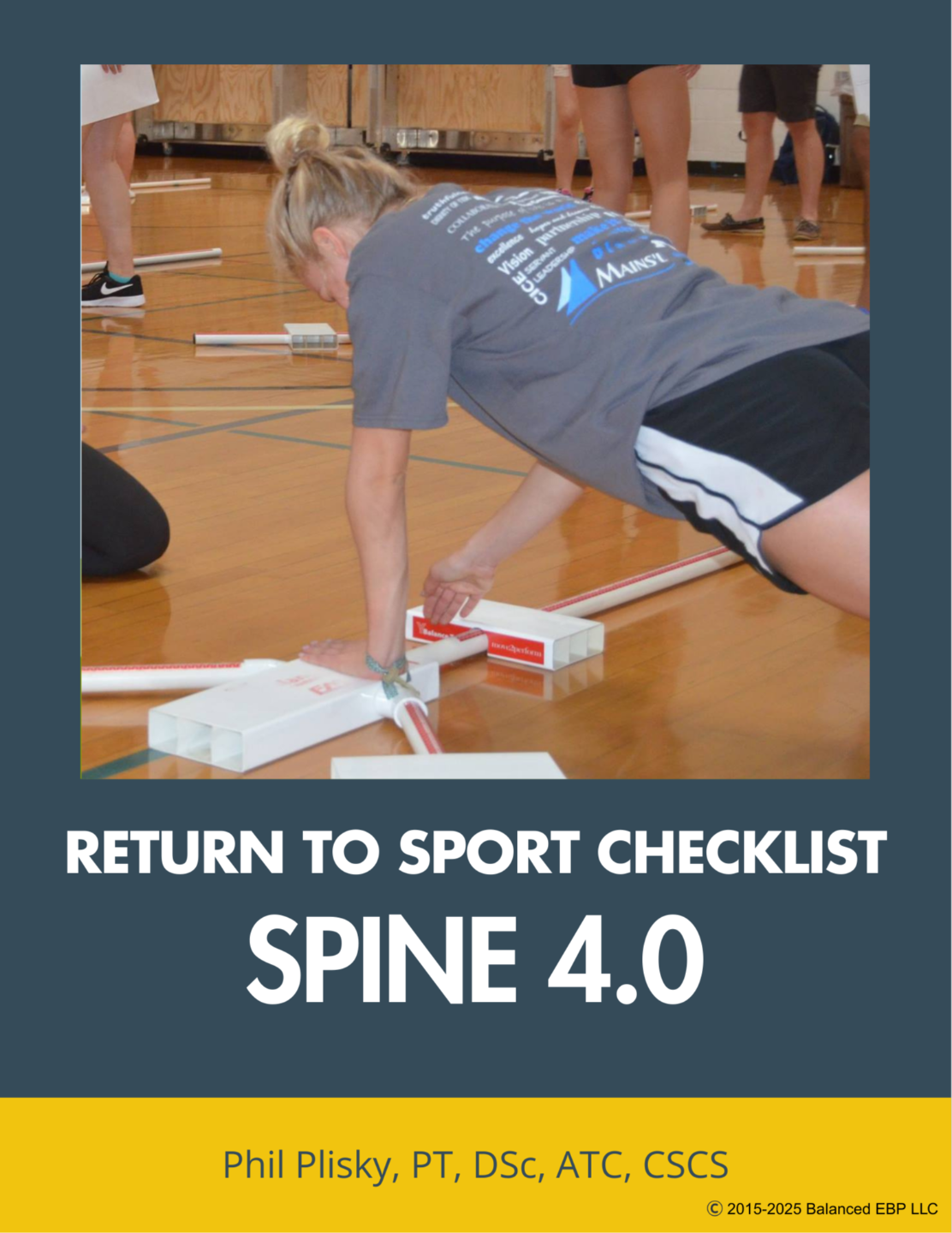 Cover of the “Return to Sport Checklist: Spine” resource by Phil Plisky, showing an athlete performing a rehabilitation movement in a gym setting.