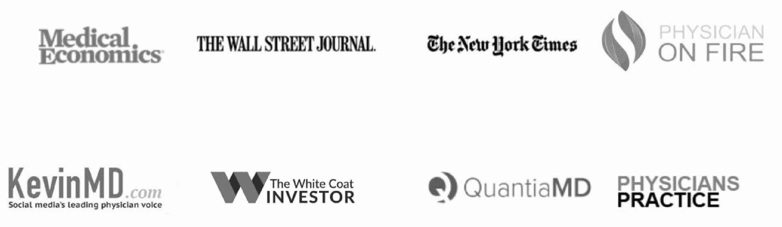 A grid of the logos of the various publications and businesses that have featured Physician Family Financial Advisors