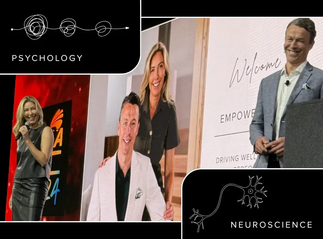 Jay Pottenger and Chelsea Pottenger presenting the EQ Minds Wellbeing series on stage together