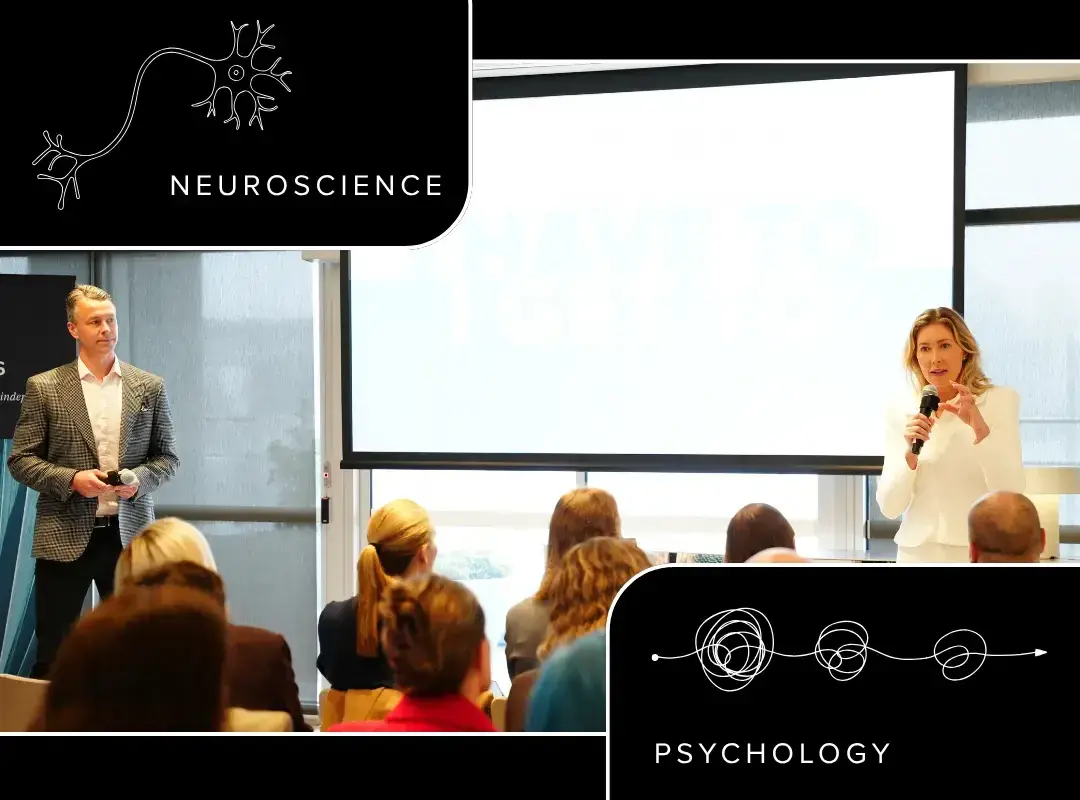 Jay Pottenger and Chelsea Pottenger presenting the EQ Minds Wellbeing series on stage together
