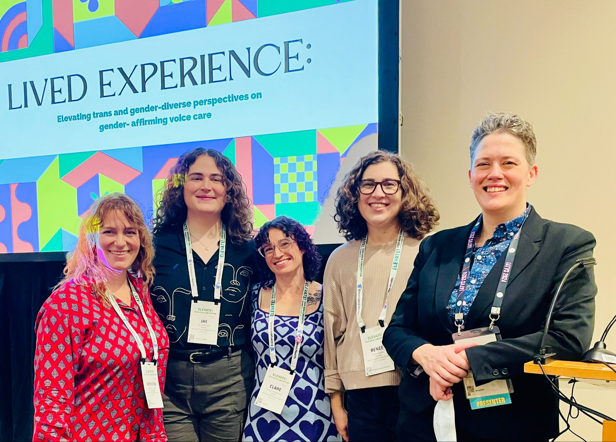 Renée and fellow panelists at ASHA on a panel called Lived Experience: Elevating trans and gender-diverse perspectives on gender-affirming voice care