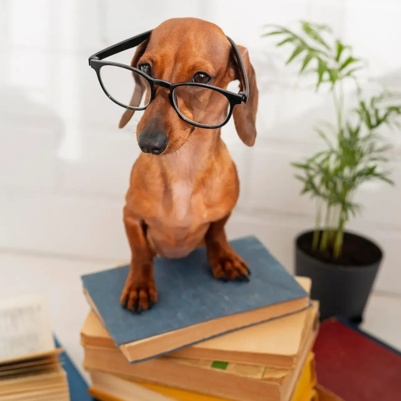 dachshund dog with glasses on books