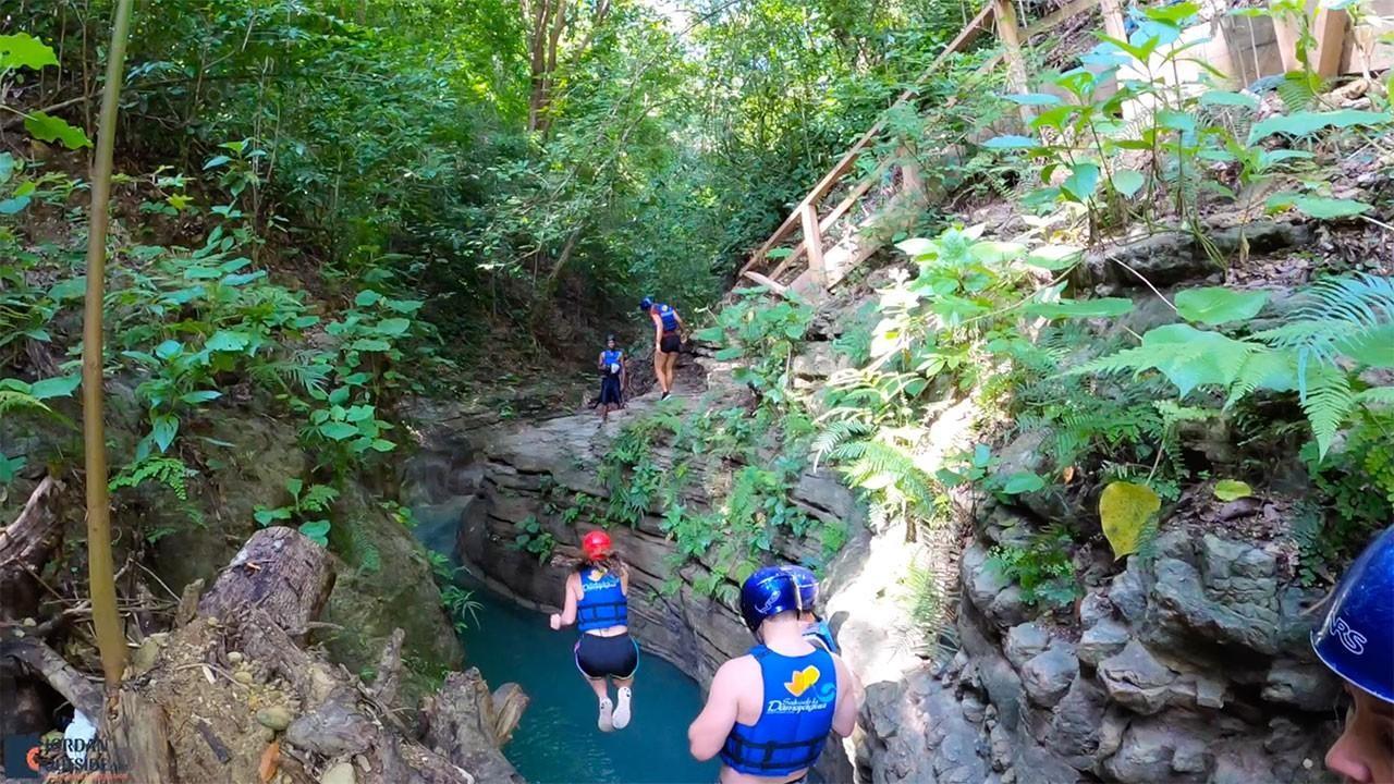 First jump at Damajagua Falls