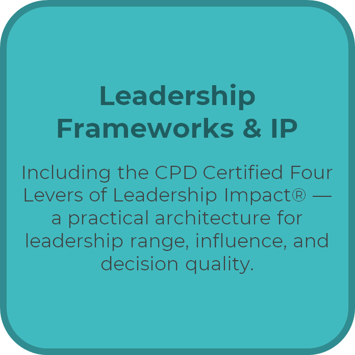 Leadership Frameworks & IP Including the CPD Certified Four Levers of Leadership Impact® — a practical architecture for leadership range, influence, and decision quality.