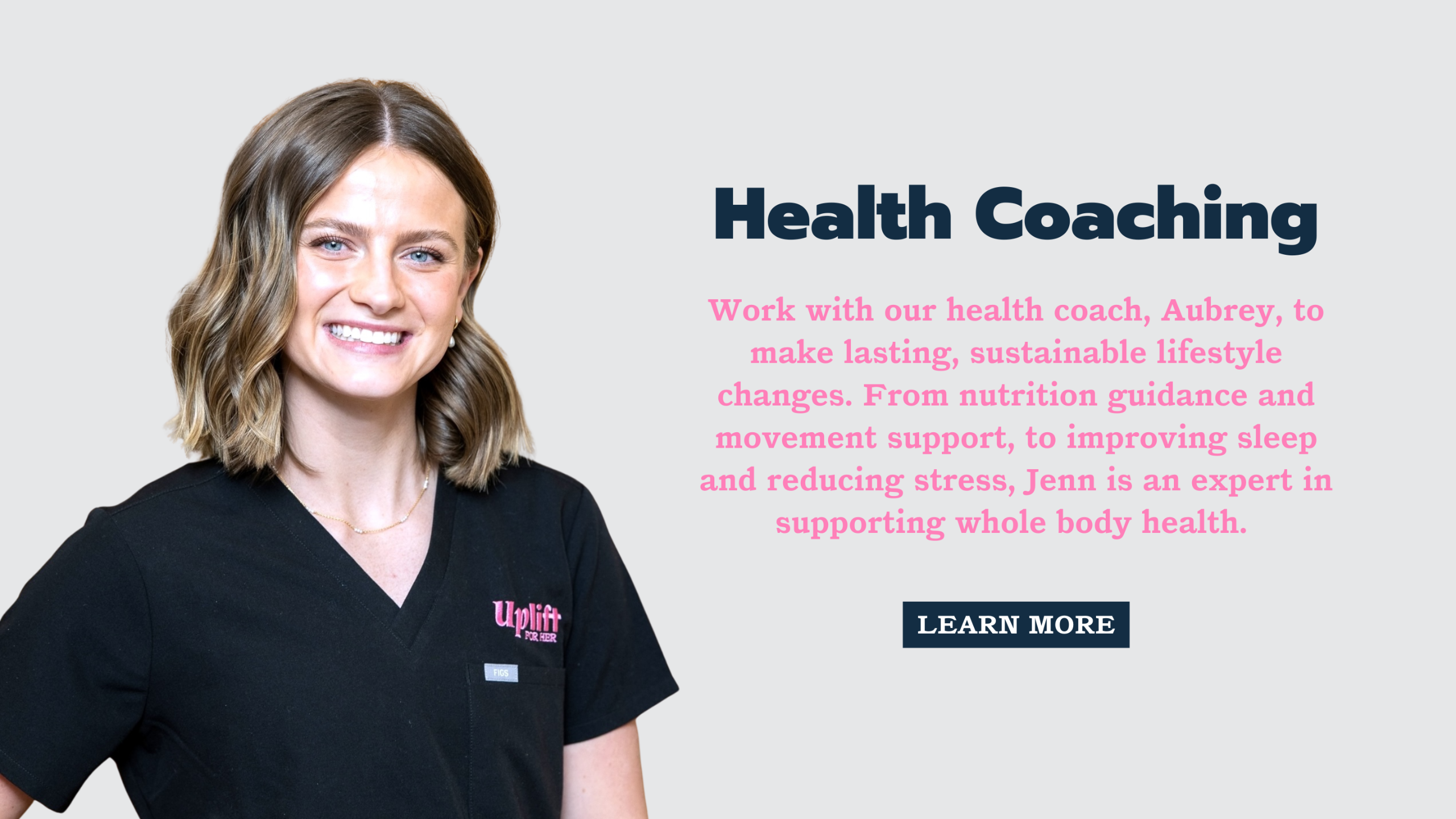 Health coaching services banner Button: Learn More button. Arrows to scroll to the left or right. 