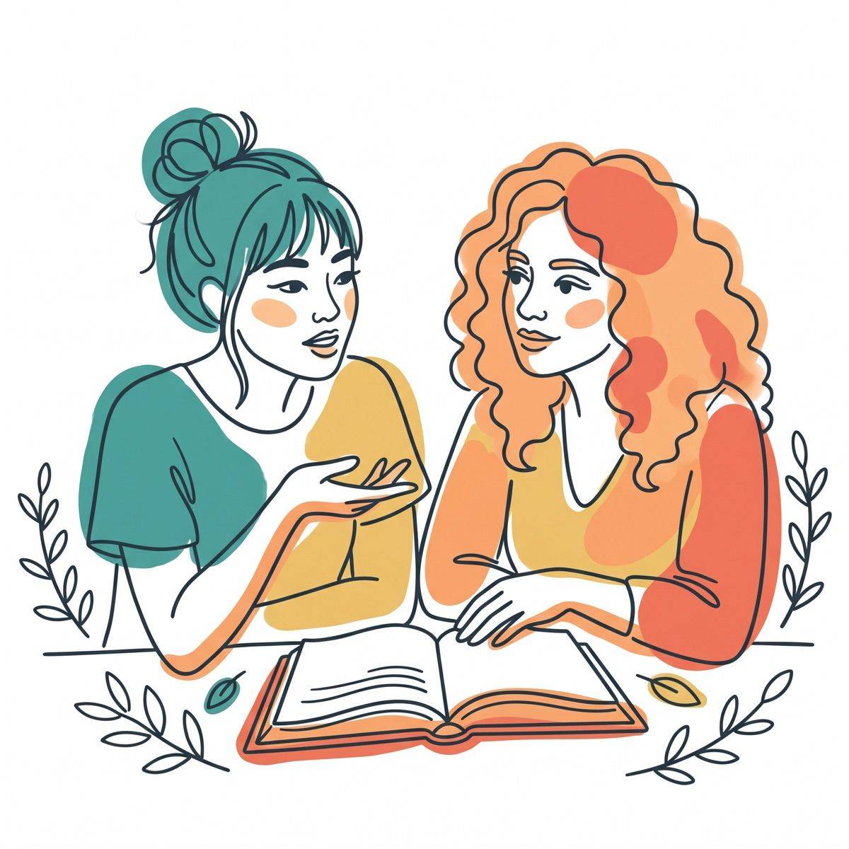 Illustration of two women talking together over an open Bible