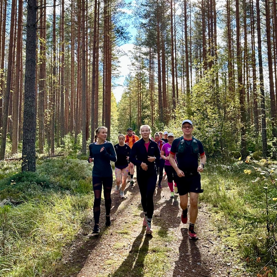 Juoksuklubi metsäpolulla ryhmäjuoksussa
