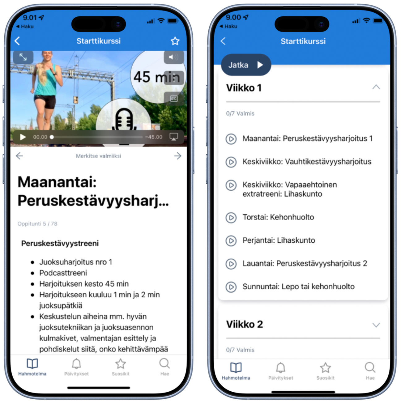 Juoksuklubi running course shown in mobile app with weekly training plan