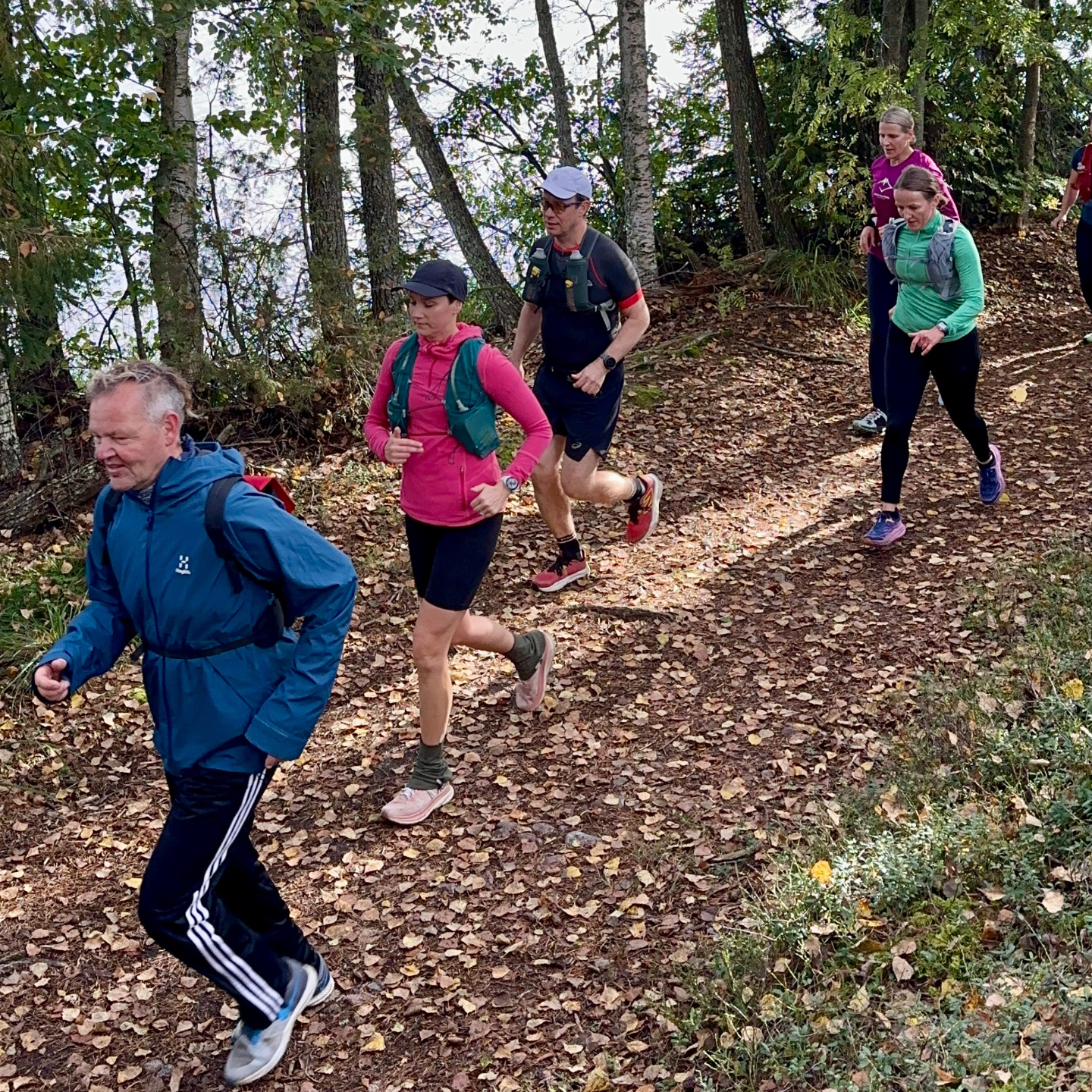 Juoksua metsäpolulla ryhmän kanssa