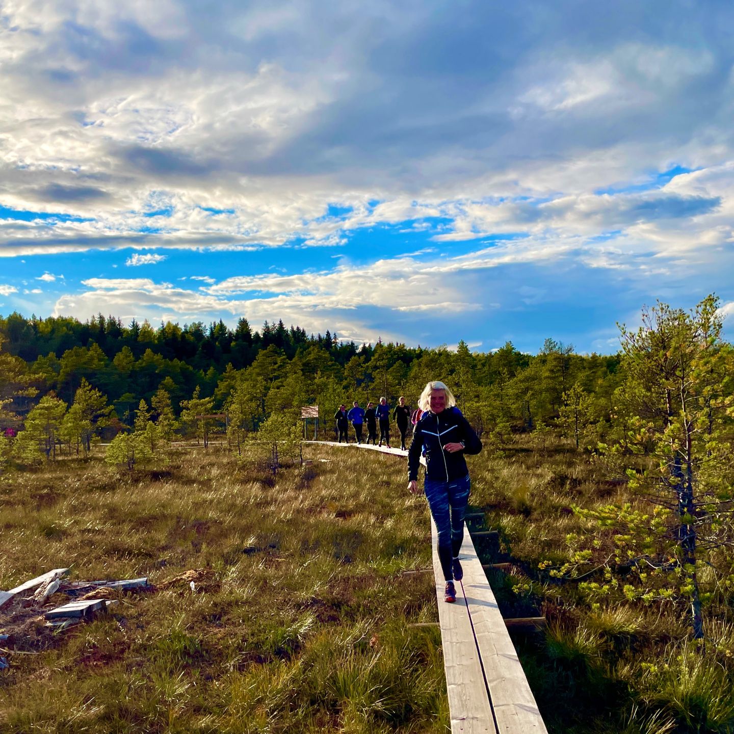 Juoksuryhmä pitkospuilla suolla