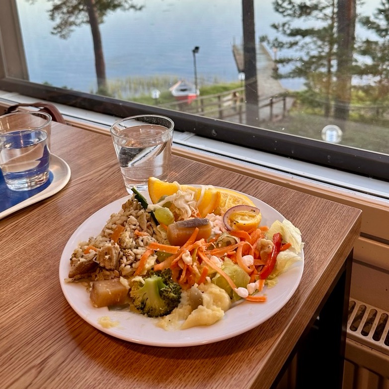 Lounas järvinäkymällä treenin jälkeen