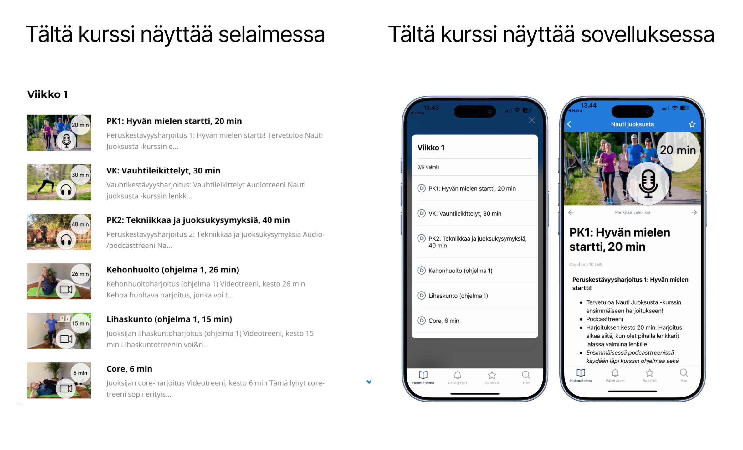 Juoksuklubi running course shown in mobile app with weekly training plan