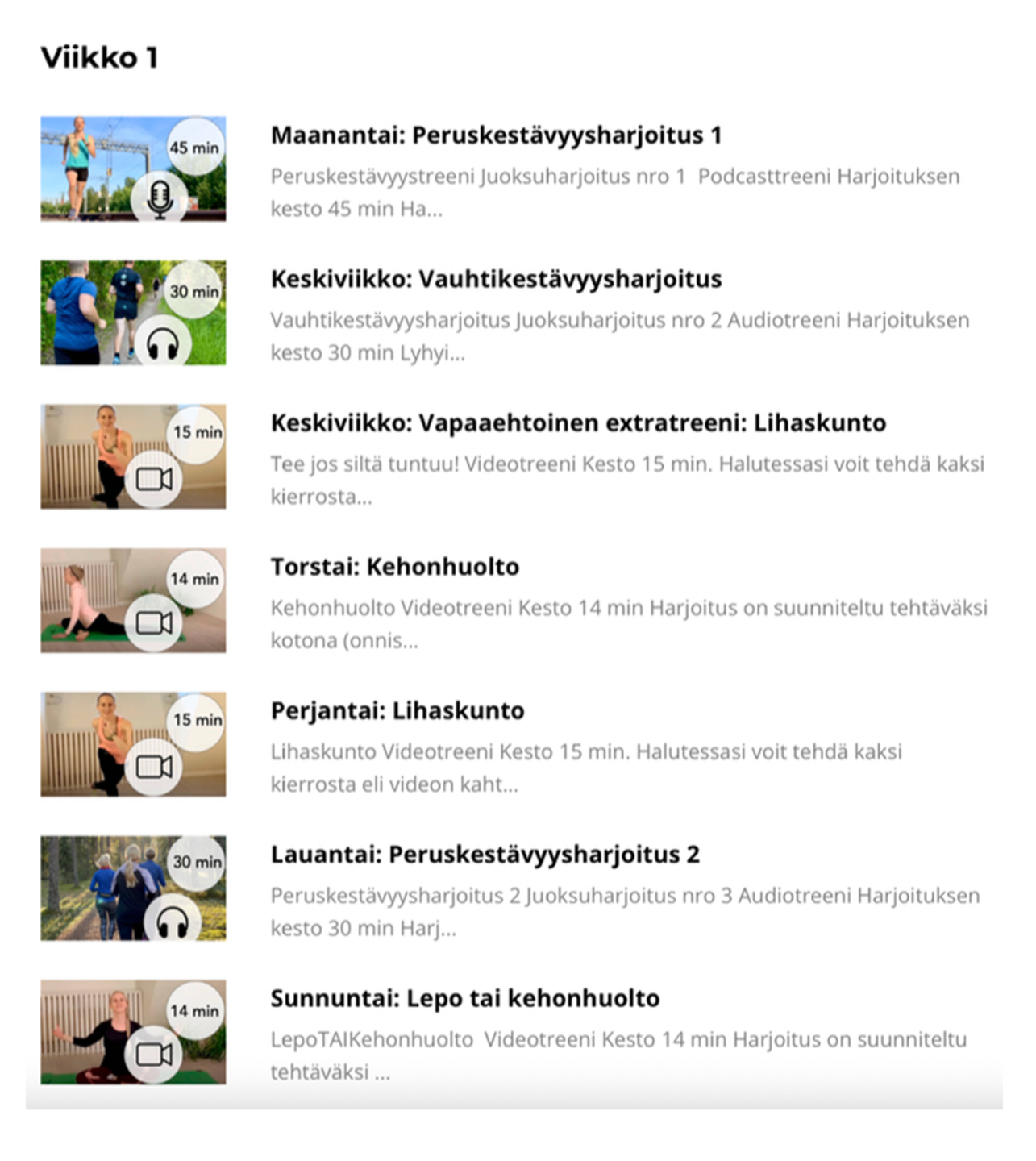 Juoksuklubi running course shown in mobile app with weekly training plan