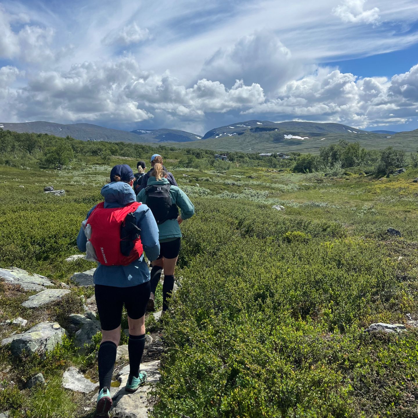 Juoksuryhmä tunturipolulla avarassa maisemassa