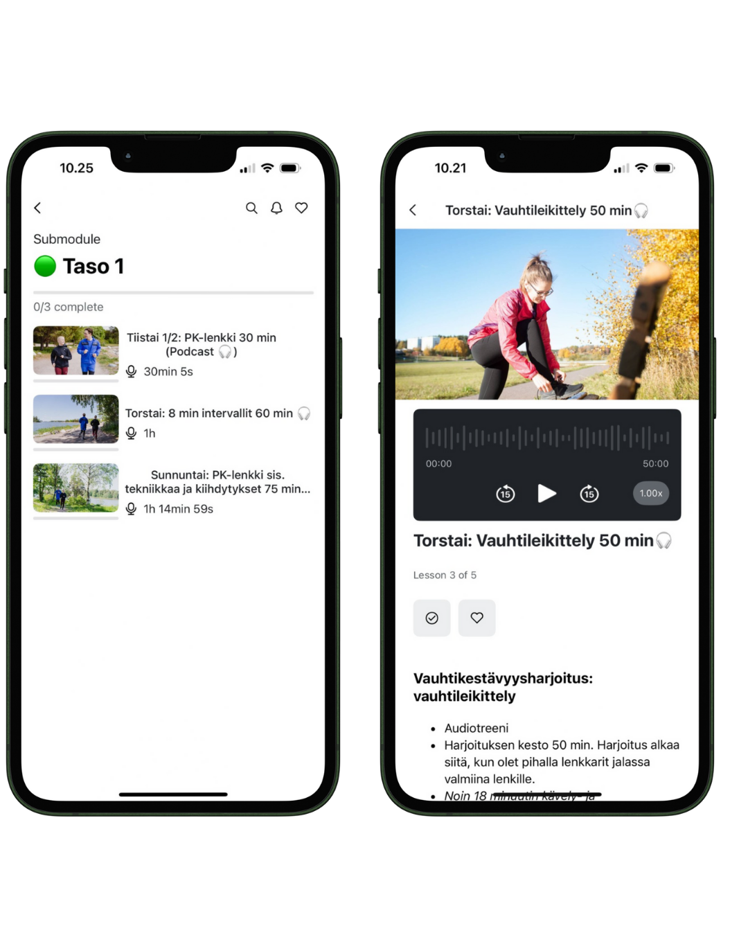 Juoksuklubi sovellus audiotreenit ja kurssitasot