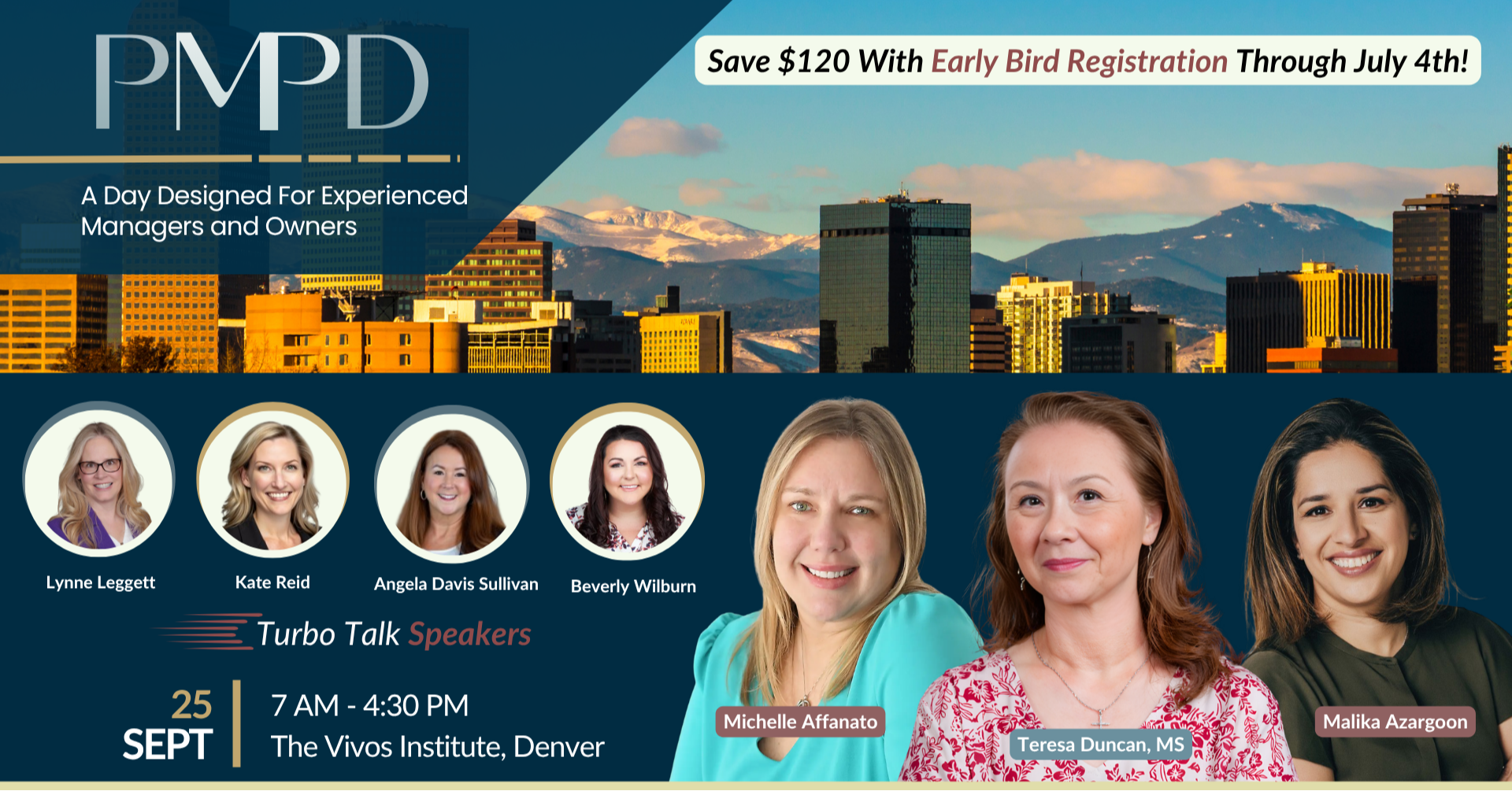 Promotional graphic for the "PMPD: A Day Designed For Experienced Managers and Owners" event. The image features the Denver skyline in the background and promotes an "Early Bird Registration" offer to save $120 through July 4th.  Speakers featured are:  Top row: Lynne Leggett, Kate Reid, Angela Davis Sullivan, and Beverly Wilburn.  Bottom row (Turbo Talk Speakers): Michelle Affanato, Teresa Duncan, MS, and Malika Azargoon.  The event will take place on September 25, from 7:00 AM to 4:30 PM, at The Vivos Institute in Denver.