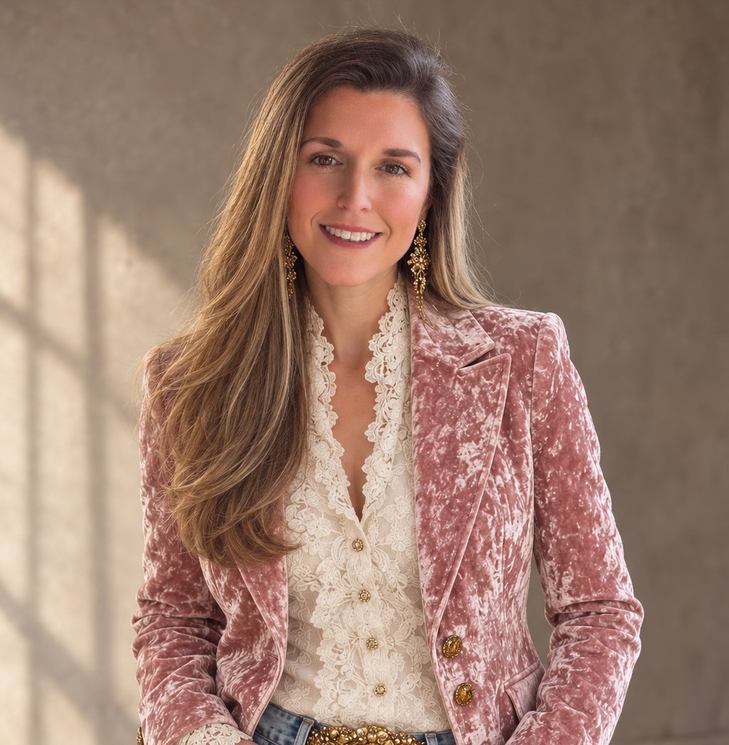 Jennifer Fellin smiling in a rose velvet blazer and ivory blouse
