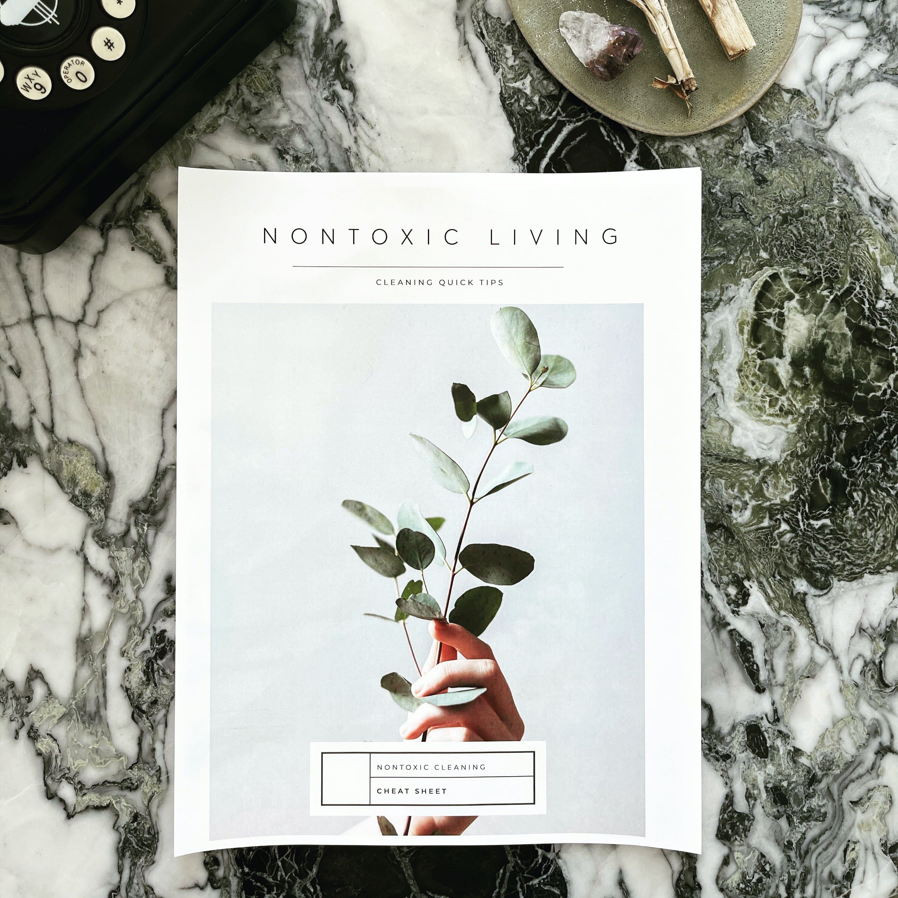 Ruan's Nontoxic Cleaning Guide on a marble table, next to a black dial-up phone