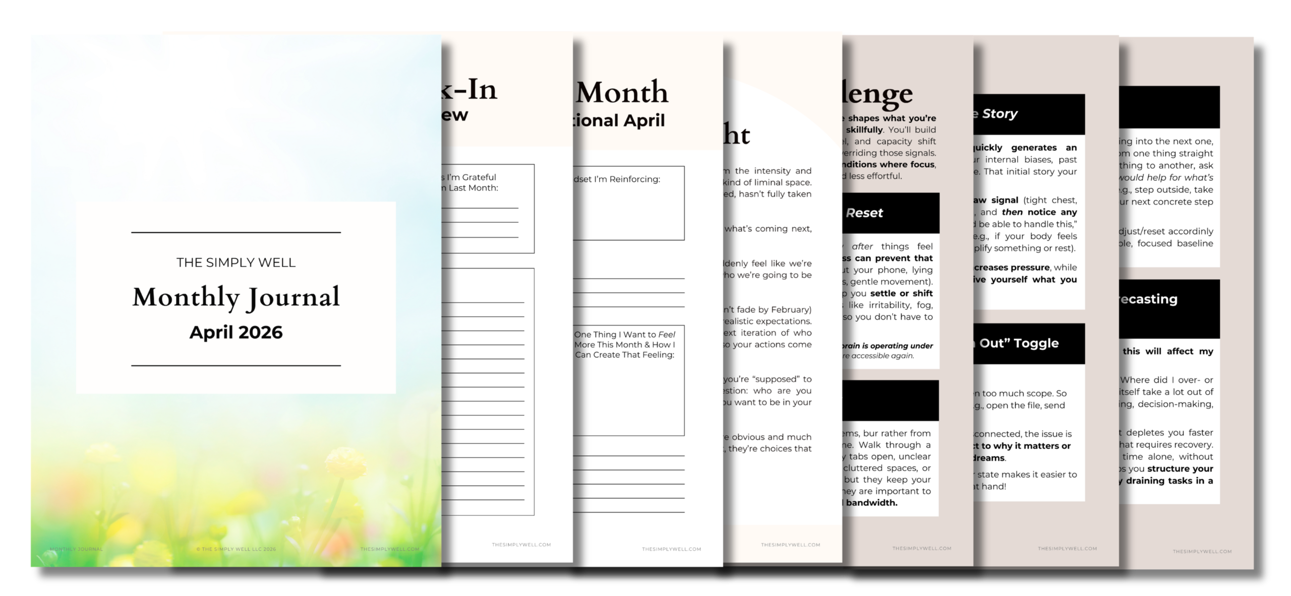 Mockup preview of this month's Monthly Journal and sample pages.