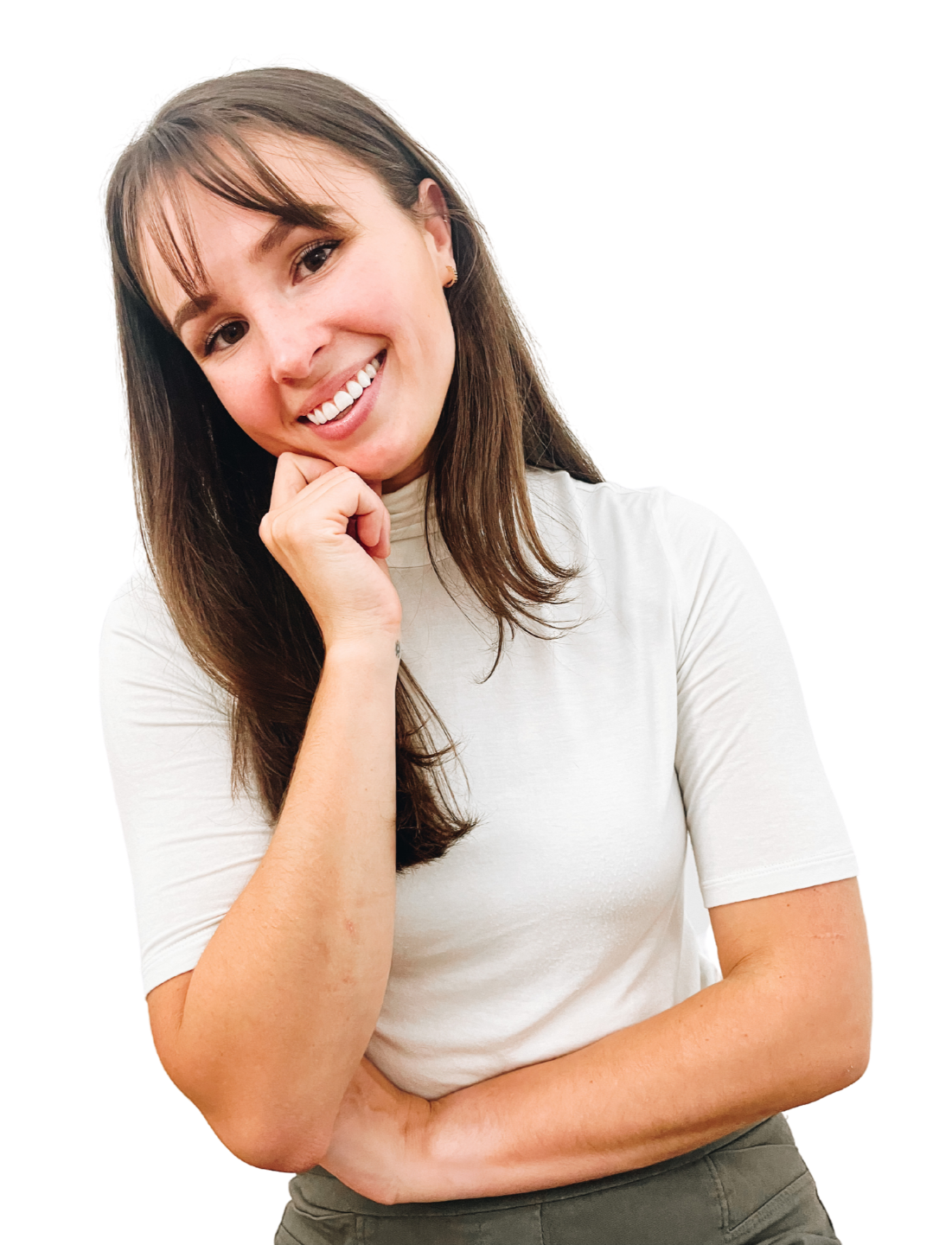 Photo of Amanda Hilton smiling in a white mockneck shirt and gray pants